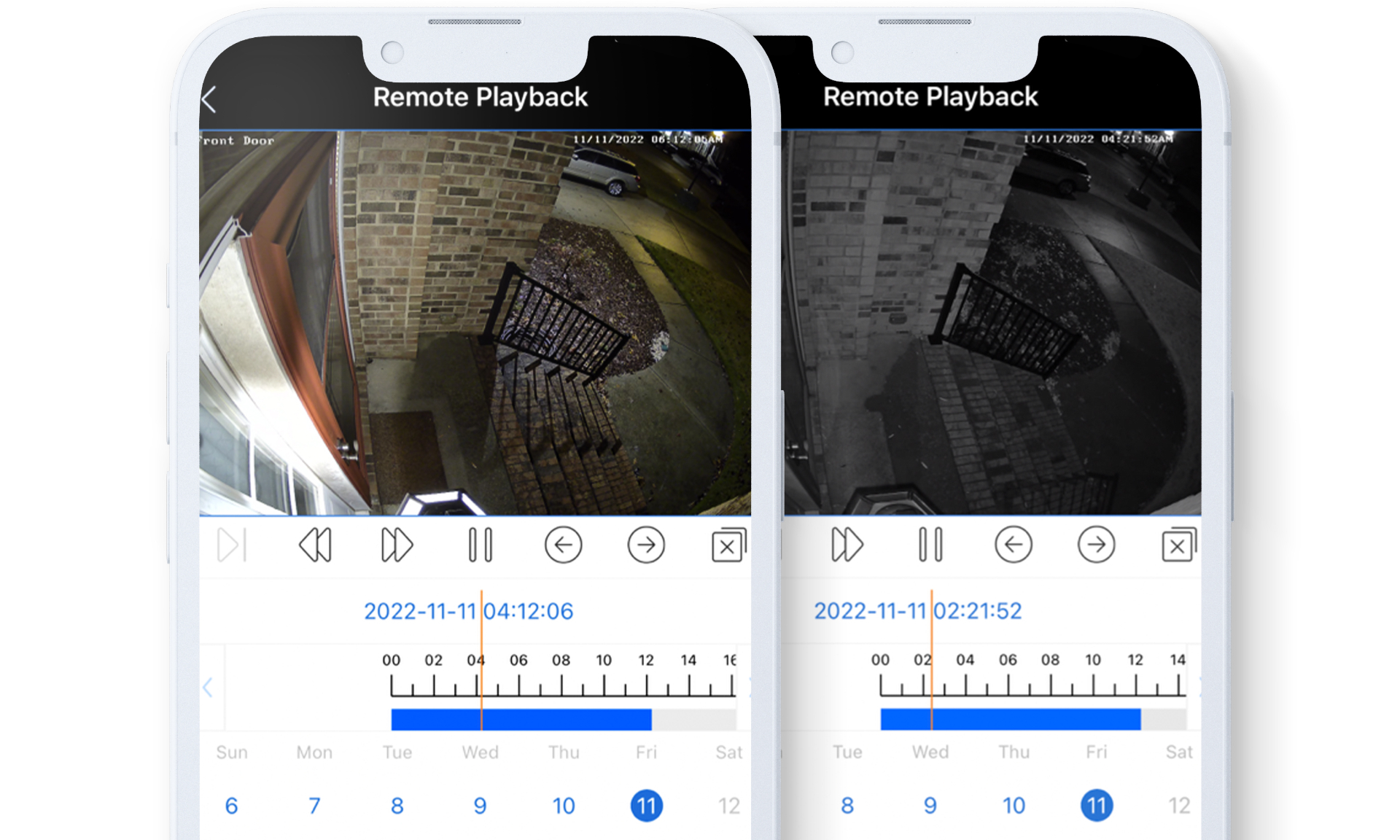 Remote playback security camera app showing day and night vision footage for a Denver home